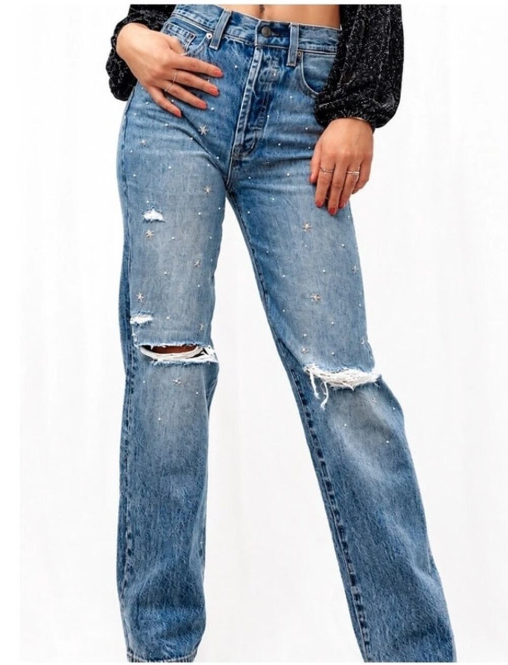 Pistola Cassie City Lights Distressed Crystal High Rise Straight Jeans Sz 33